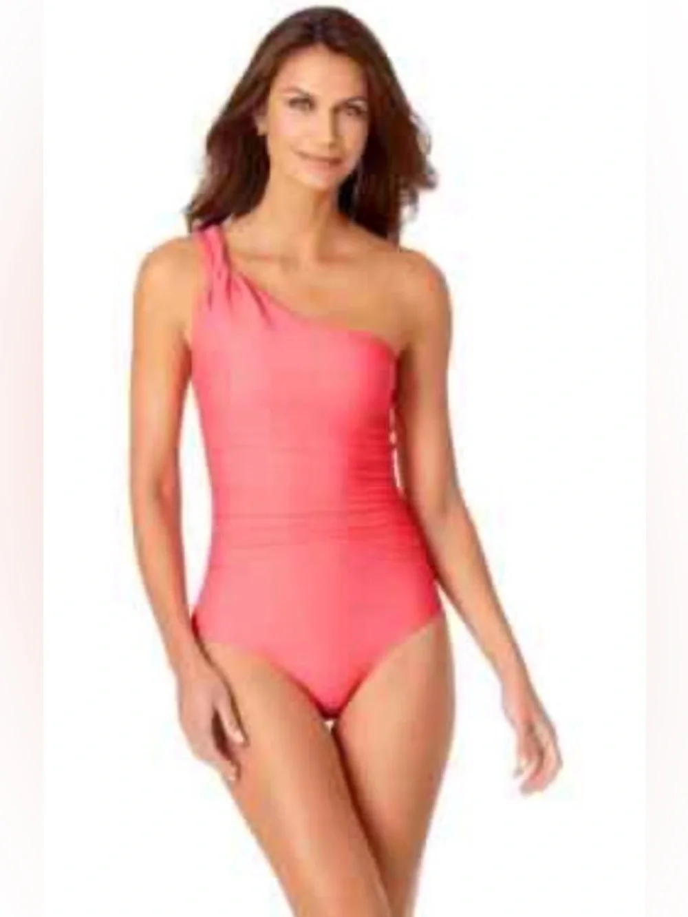 Anne Cole Pink Coral One-Shoulder Ruched  Swimsuit- 8 melon pink , poly spandex
